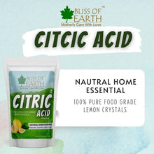 Bliss of Earth citric acid pouch labeled 'Natural home essential' with lemon crystals