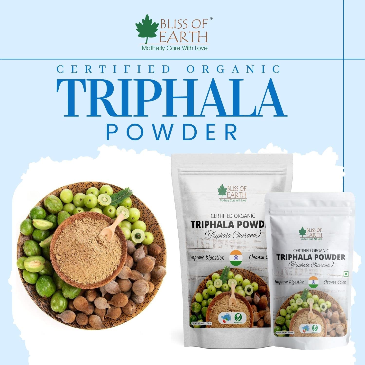 BLISS OF EARTH pouches and wooden bowl of triphala fruits and powder showcasing organic triphala powder for detox