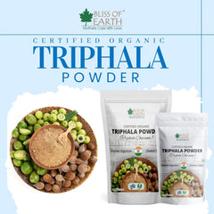 BLISS OF EARTH pouches and wooden bowl of triphala fruits and powder showcasing organic triphala powder for detox