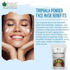 Bliss of Earth organic triphala powder for detox pouch shown with smiling woman applying face mask