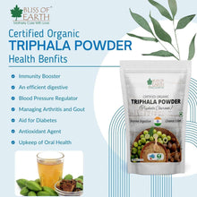 Certified organic Triphala powder pouch with health benefits list and drink
