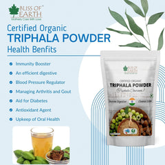 BLISS OF EARTH certified organic triphala powder for detox pouch with bowl of fruits and herbal tea