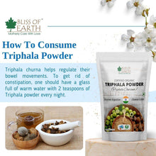 Triphala powder pouch with how-to consume illustration and warm-water bowl