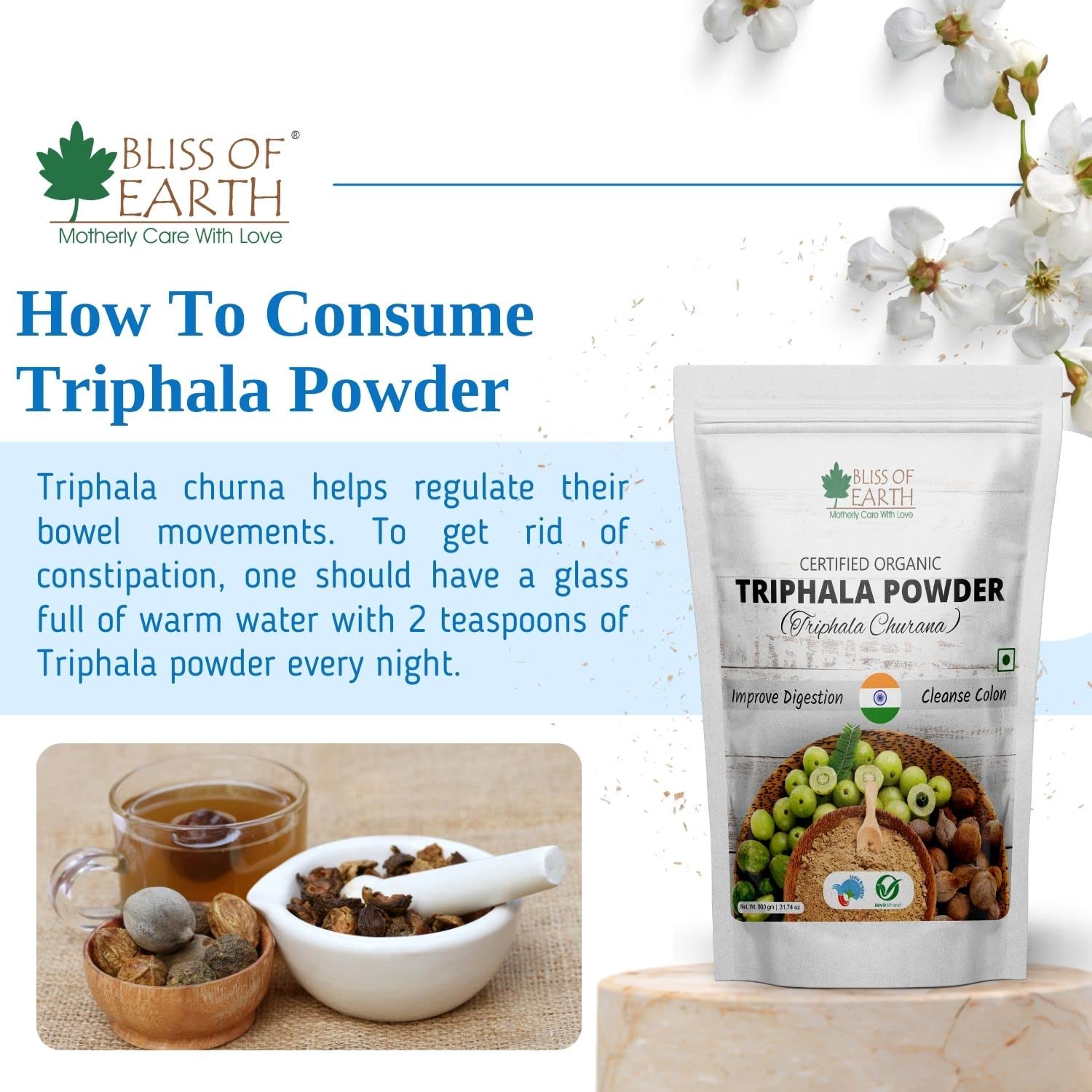 BLISS OF EARTH Triphala powder pouch with bowls of herbs and tea and instructions organic triphala powder for detox