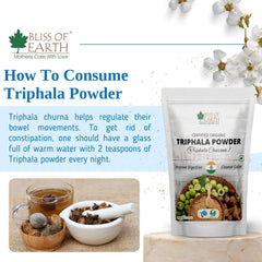 BLISS OF EARTH Triphala powder pouch with bowls of herbs and tea and instructions organic triphala powder for detox