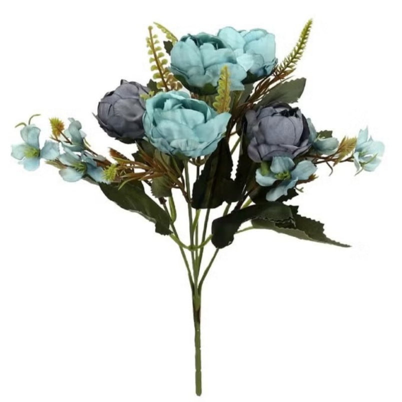 Huitich blue artificial flower bouquet with mixed blue and gray blooms and green leaves