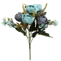 Huitich blue artificial flower bouquet with mixed blue and gray blooms and green leaves