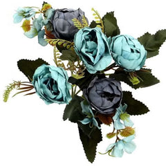 Huitich blue artificial flower bouquet with detailed blue and gray blooms and green leaves