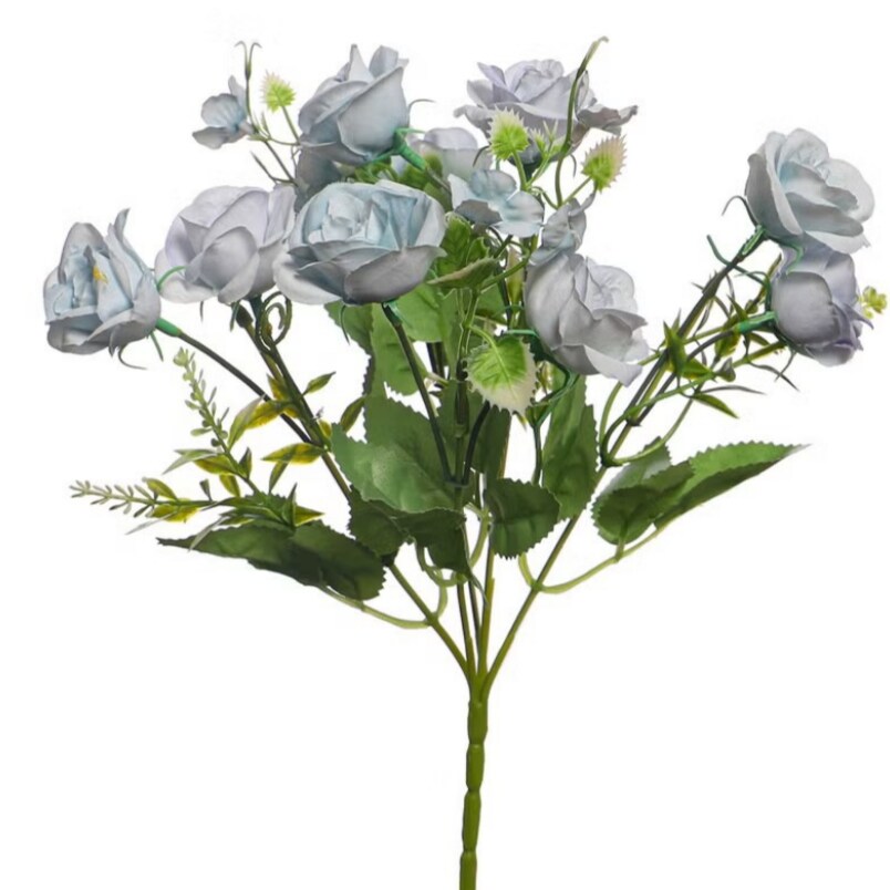Huitich blue artificial mini roses bouquet with green leaves and realistic petals arrangement