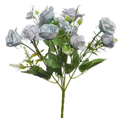 Huitich blue artificial mini roses bouquet with green leaves and realistic petals arrangement