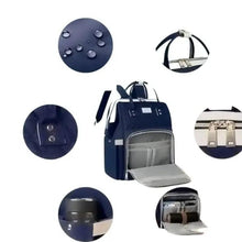 Navy backpack details: zippers, strap, mesh compartment and interior pocket