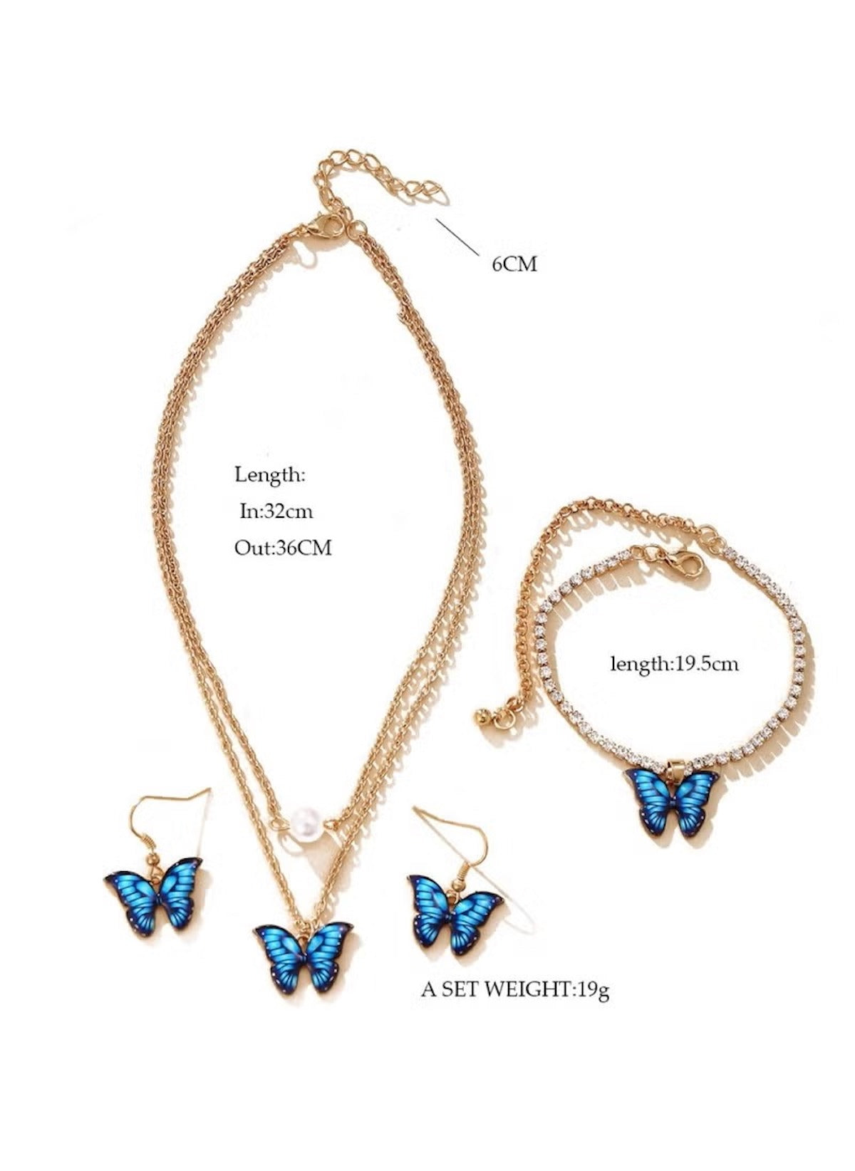 Huitich blue butterfly jewelry set including necklace, bracelet, and earrings with gold chains