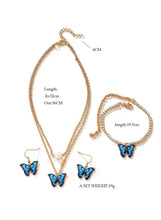 Butterfly jewelry set size diagram: blue charms with gold-tone necklace and bracelet