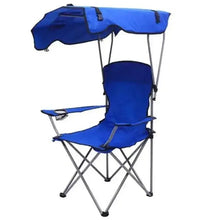 Blue camping chair with sunshade canopy, padded seat, and foldable metal frame