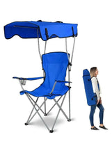 Blue camping chair with sunshade canopy, padded backrest, side console, foldable frame
