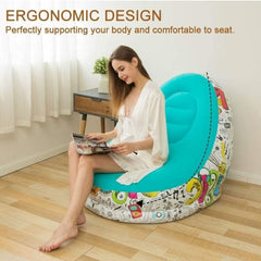 Ergonomic blue graffiti air chair for home with comfortable support, showing woman sitting and reading