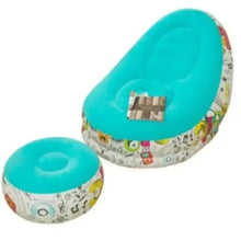 Turquoise molded air chair with matching small ottoman, graffiti cartoon fabric on sides.