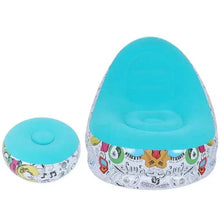 Turquoise graffiti air chair with matching small ottoman, rounded molded backrest and seat.
