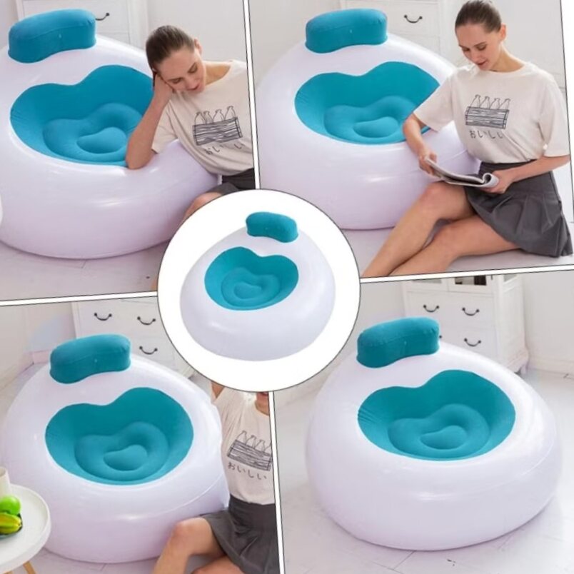 Blue inflatable chair with backrest by Huitich shown in different angles and lifestyle use in living room