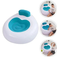 Inflatable lounge chair with teal backrest and blue molded seat in white