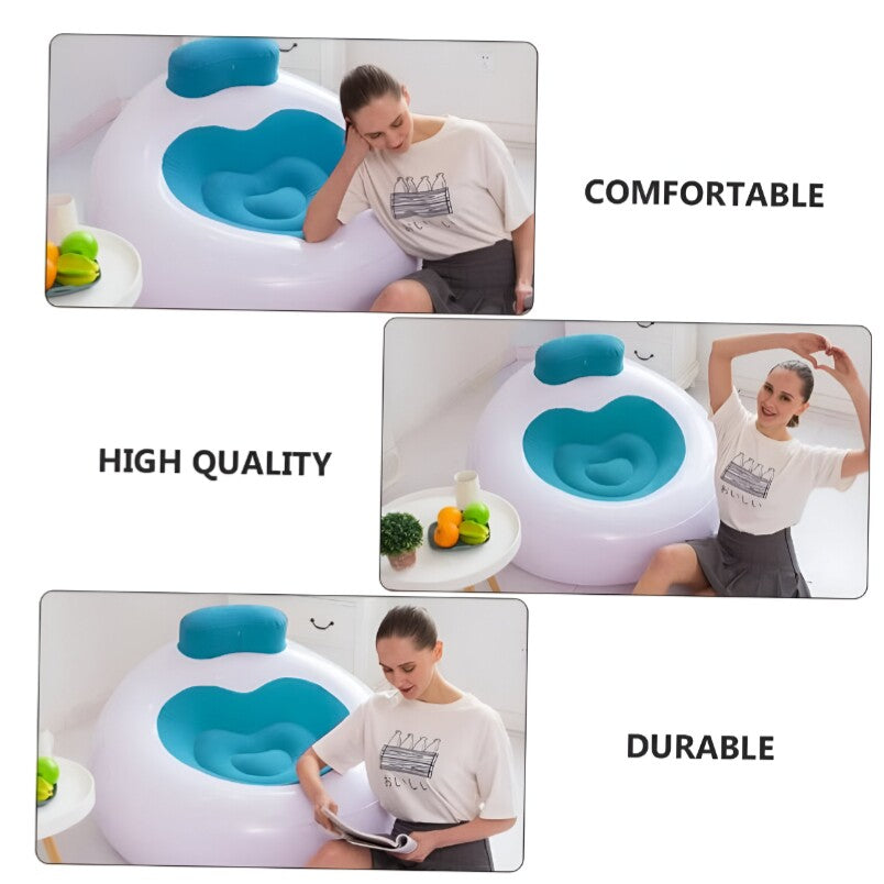 Huitich blue inflatable chair with backrest shown in a living room setting with a woman using it comfortably