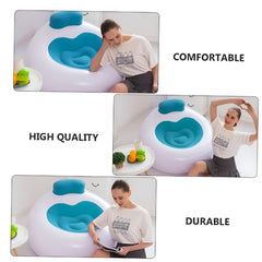 Huitich blue inflatable chair with backrest shown in a living room setting with a woman using it comfortably