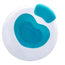 Inflatable lounge chair with teal backrest and blue seat, white air chamber