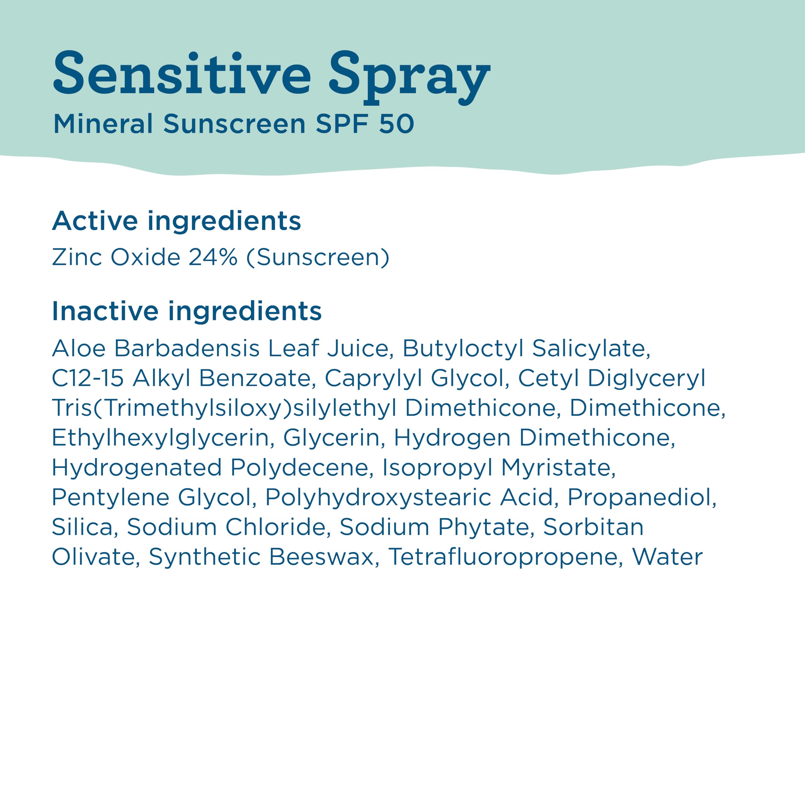 Ingredients list for BLUE LIZARD mineral sunscreen spray SPF 50 with zinc oxide and natural extracts