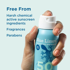 Hand holding Blue Lizard mineral sunscreen spray SPF 50 bottle with no harsh chemicals fragrances or parabens