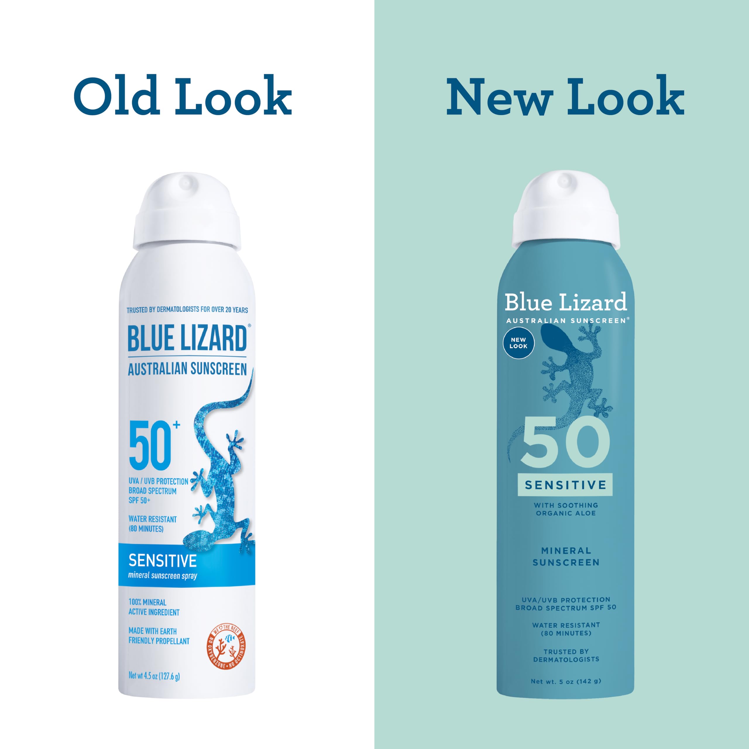 Blue Lizard mineral sunscreen spray SPF 50 in old white and new blue packaging for sensitive skin