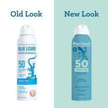 Blue Lizard mineral sunscreen spray bottles, old and new looks, teal bottles with white caps