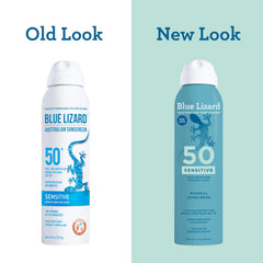 Blue Lizard mineral sunscreen spray SPF 50 in old white and new blue packaging for sensitive skin
