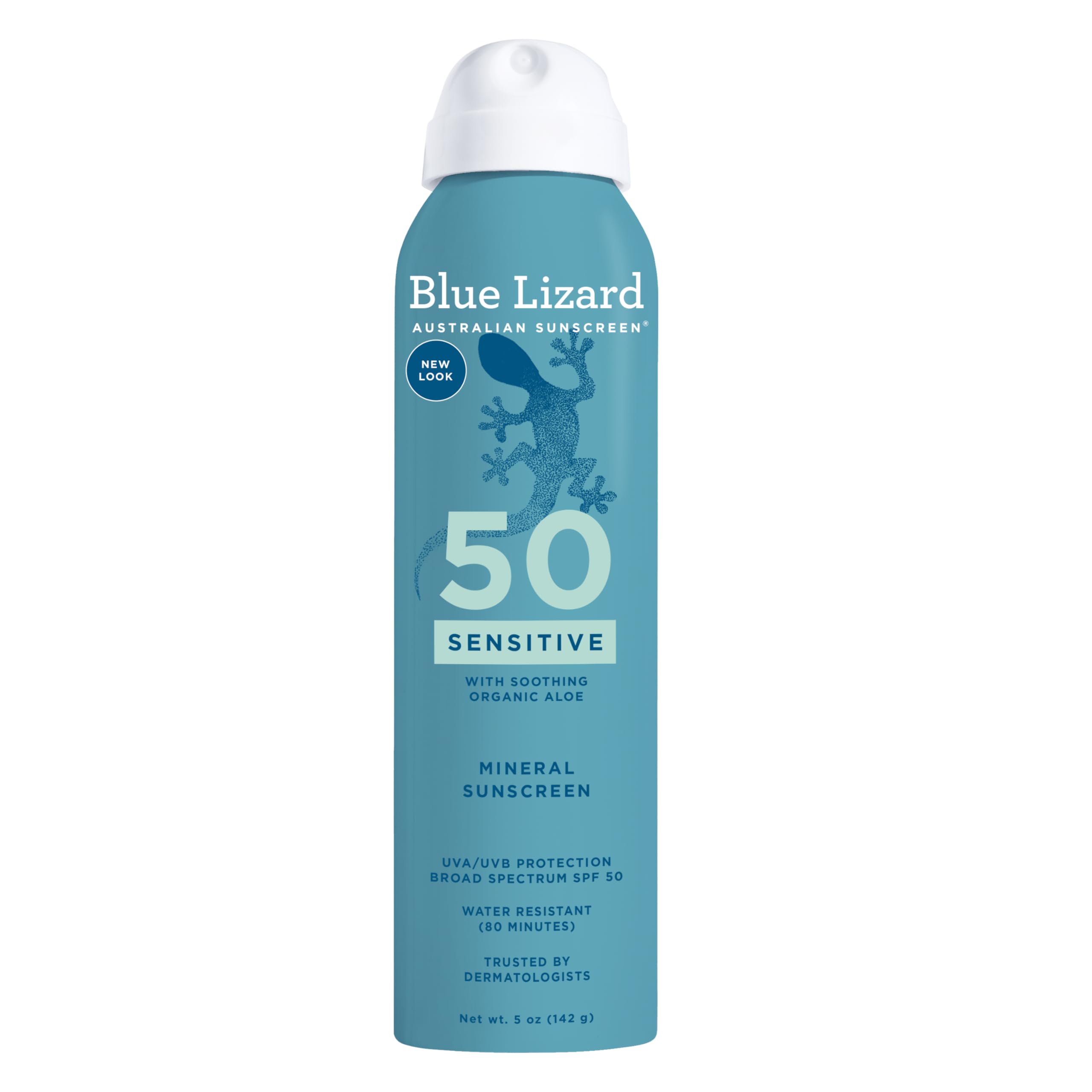 Blue Lizard mineral sunscreen spray SPF 50 in a blue bottle with white cap for sensitive skin