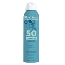 Blue Lizard SPF 50 Sensitive mineral sunscreen spray bottle, teal bottle with white cap