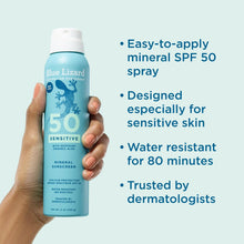 Blue Lizard SPF 50 Sensitive mineral sunscreen spray bottle, teal, held in hand