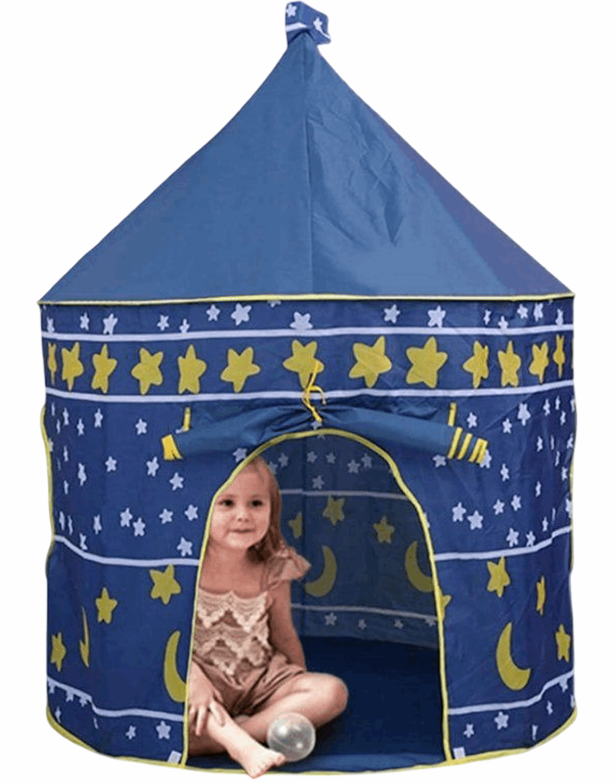 Huitich princess castle play tent in blue with star and moon patterns and child sitting inside
