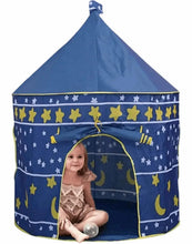Kids castle play tent in blue with star and moon print, arched mesh door and yellow trim
