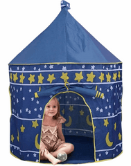 Huitich princess castle play tent in blue with star and moon patterns and child sitting inside