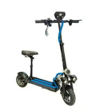 Blue and black electric scooter with raised seat and front wheel lights