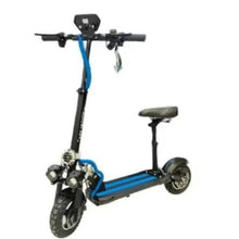 Blue and black electric scooter with front light and cushioned seat
