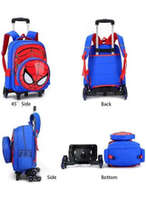 Blue rolling school backpack with Spider-Man graphic shown from side, back, and bottom