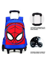 Blue rolling school backpack with Spider-Man face graphic, telescoping handle and six wheels