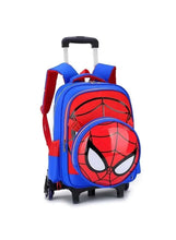 Blue rolling school backpack with Spider-Man face graphic and side pockets