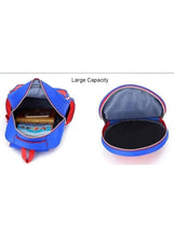 Blue rolling school backpack open with Spider-Man graphic and spacious interior