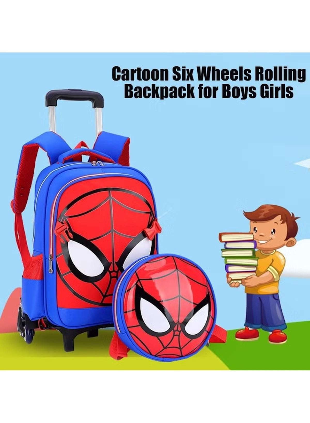 Blue Spider-Man rolling trolley school bag with six wheels and a matching circular lunch bag for kids
