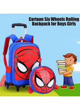 Blue rolling school backpack with Spider-Man face graphic and matching side bag