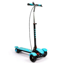 Blue toddler 3-wheel electric scooter, side view, black stem and turquoise fenders