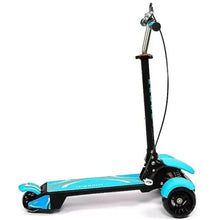 Blue toddler 3-wheel electric scooter with black deck and turquoise wheels