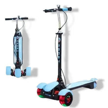 Blue toddler 3-wheel electric scooter set with turquoise wheel lights and black deck