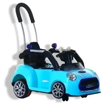 Blue toddler push ride-on car with steering wheel and handle, two-seat design